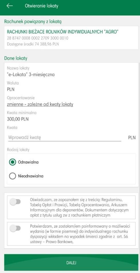 Dodatkowo użytkownik ma możliwość (pod warunkiem posiadanych uprawnień nadanych w banku): - otwarcia nowej lokaty wybierając opcję Otwórz lokatę, w kolejnym kroku wskazujemy rachunek, z którego