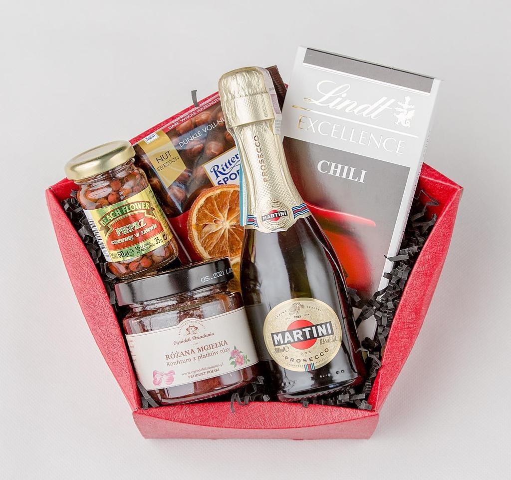 Zestaw świąteczny nr 2 Martini Prosecco 200ml Czekolada Lindt Excellence Chili 100g Czekolada Ritter Sport Dark Whole Hazelnuts 100g Różana Mgiełka Konfitura z