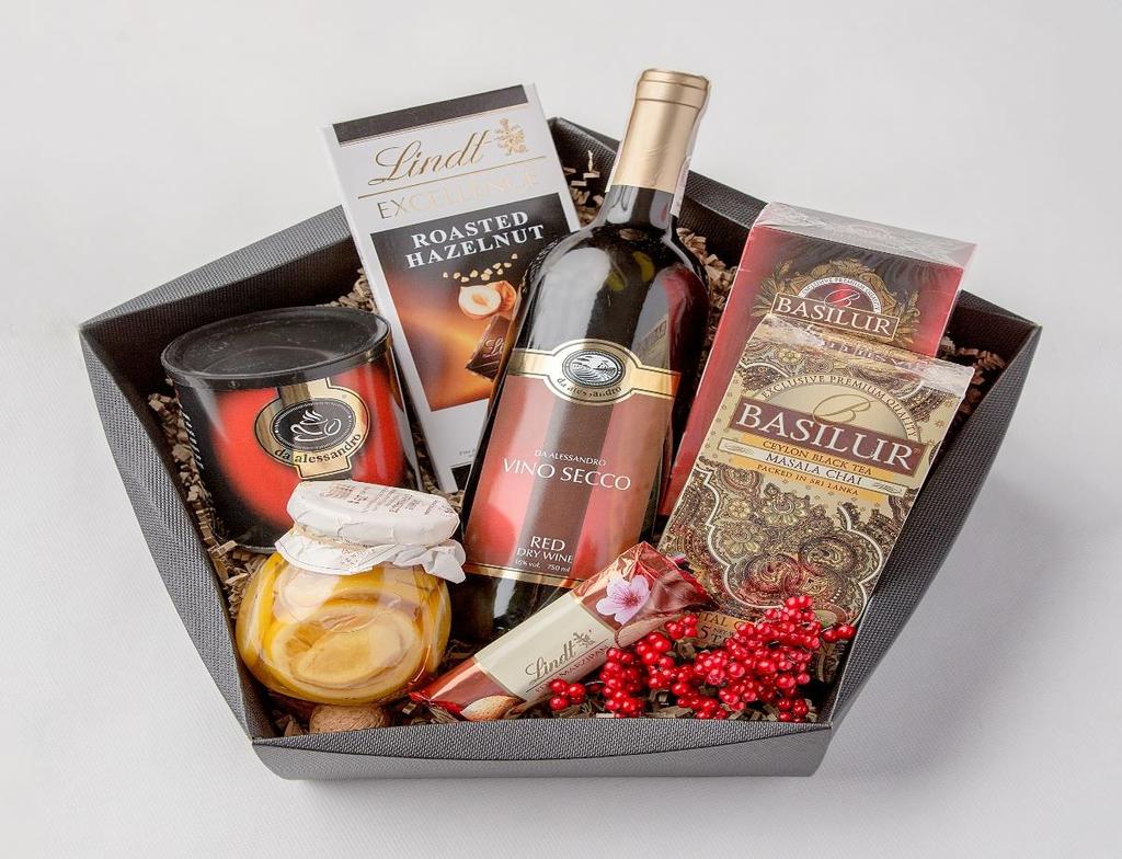 Zestaw Świąteczny nr 6 Wino Secco czerwone wytrawne 0,75l niepikowane) Herbata Basiliur English Breakfast black 50g Herbata Basiliur Ceylon black tea Masala Chai 50g Kawa Da Alessandro Ground Coffee