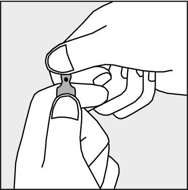 Przed otwarciem ampułki należy upewnić się, że cały roztwór znajduje się w dolnej części ampułki. Można delikatnie potrząsnąć ampułką lub postukać w nią palcem, aby ułatwić spłynięcie roztworu.