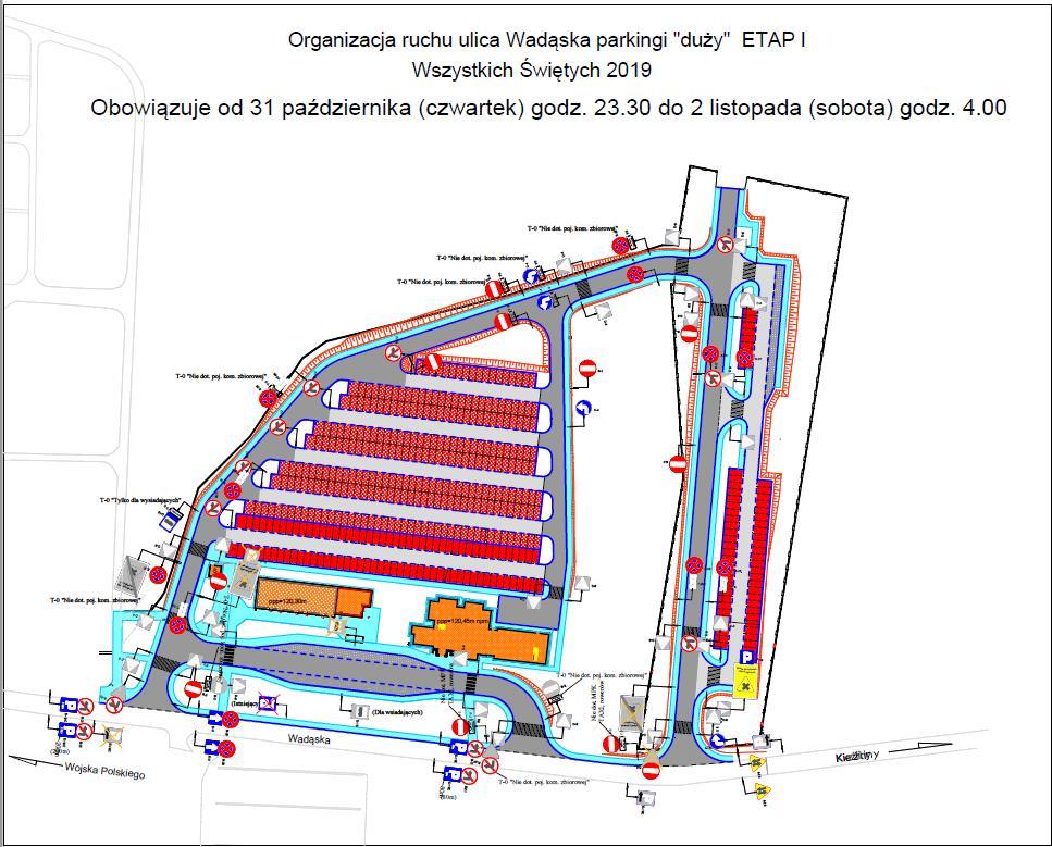 CMENTARZ DYWITY parking duży ETAP I Zmiany w organizacji ruchu: Wprowadzenie etapowości tymczasowej organizacji ruchu: Etap I: 31 października od godz.