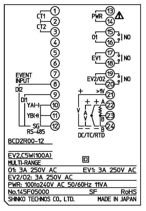 Opis Przykład (1) Opis zacisków BCS2R00-12, BCD2R00-12 (*1) (2) Model BCS2R00-12, BCD2R00-12 (3) Opcje EV2 (wyjście zdarzeń EV2) C5W(100A) [interfejs komunikacyjny + alarm przepalenia grzałki(100 A)]