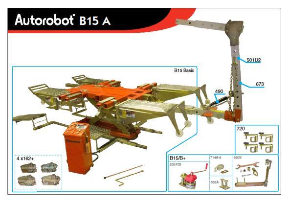 Autorobot B15 A to całkowicie nowy typ stanowiska naprawczego stanowi kombinację ramy  Zestaw B15 A zawiera dodatkowo - klamra 714A-6 -