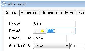 Tworzenie nowej kondygnacji Na pasku właściwości, kliknij. Kliknij na strzałkę i wybierz otwór okrągły. Wpisz średnicę: 200 cm W polu Parapet wprowadź wartość 25 cm (poziom wstawienia). Zamknij okno.