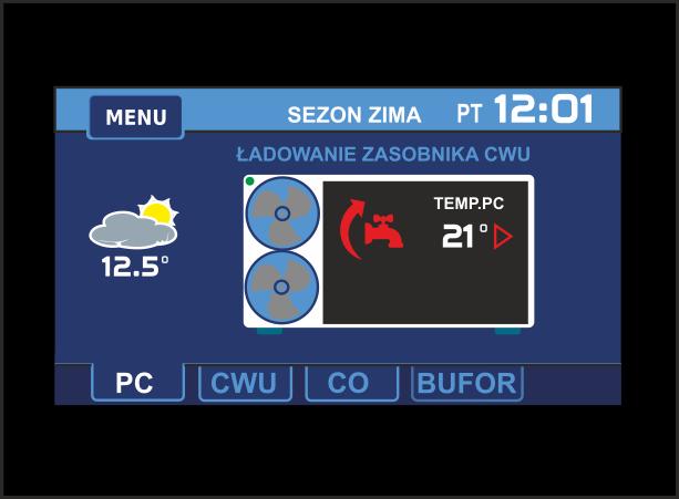 Opis Ekranu głównego regulatora 6 7 8 9 0 5 Rys. Ekran główny regulatora. Przycisk wejścia do menu głównego. Ekran informacyjny pompy ciepła.