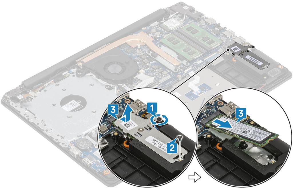 Instalowanie dysku SSD M.2 2280 lub pamięci Intel Optane (opcjonalnie) 1. Wsuń kartę dysku SSD / pamięci Intel Optane do gniazda dysku SSD / pamięci Intel Optane [1, 2]. 2. Dokręć śrubę mocującą podkładkę termoprzewodzącą do zestawu podparcia dłoni i klawiatury [3].