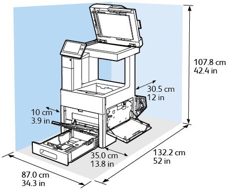 Specyfikacje Wymagane wolne miejsce Wymiary Szerokość Głębokość Wysokość Konfiguracja bez opcji 87,0 cm (34,3 cala) 132,2 cm (52,0 cali) 107,8 cm (42,4 cala) Wymagane wolne miejsce dla C605X Wymiary
