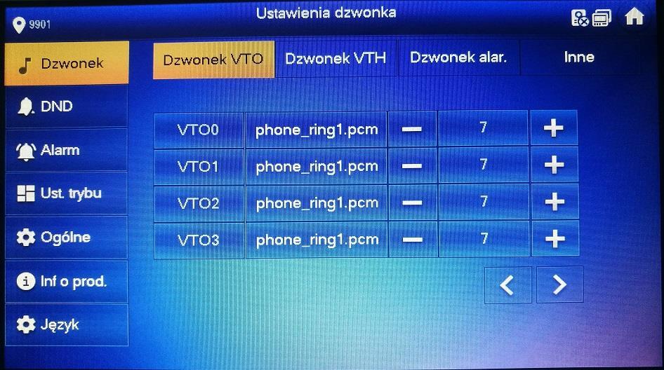 Krok 1 Naciśnij [Ustawienia]. System wyświetli pytanie o hasło. Krok 2 Wpisz hasło i naciśnij [OK]. Domyślnie hasło to : 123456 Krok 3 Wybierz Dzwonek > Dzwonek VTO.