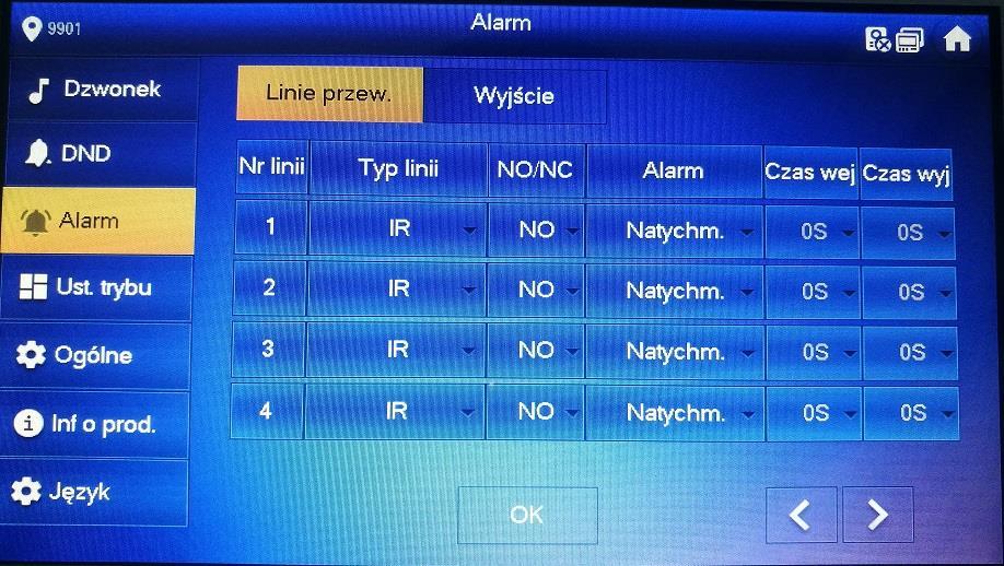4.2.3.1 Linie przewodowe Ustaw typ linii, NO/NC, stan alarmu oraz opóźnienie. Max mamy do dyspozycji 8 linii. Krok 1 Naciśnij [Ustawienia]. System wyświetli pytanie o hasło.