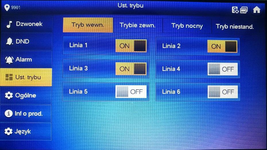 Tryb może być ustawiony tylko przy rozbrojonym systemie. Krok 1 Naciśnij [Ustawienia]. System wyświetli pytanie o hasło. Krok 2 Wpisz hasło i naciśnij [OK]. Domyślnie hasło to : 123456.
