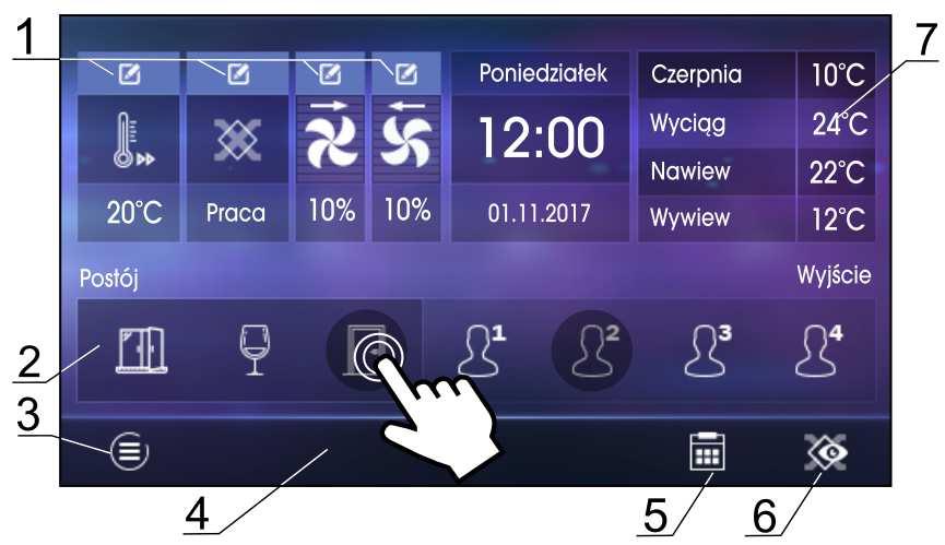 7.2 Ekrany główne W regulatorze zastosowano dwa ekrany główne: ekran informacyjny z wyświetlanymi parametrami i trybami pracy z możliwością ich edycji oraz odczytu informacji oraz ekran z