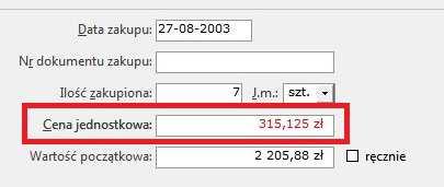 Poniżej znajduje się przykład zapisu ceny jednostkowej do trzech miejsc po przecinku.