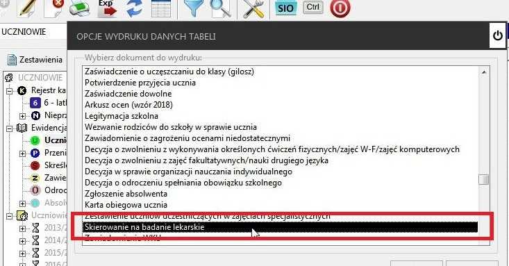 Zmiany w module UCZNIOWIE 1) Dodano Skierowanie na badanie lekarskie dla uczniów szkół ponadgimnazjalnych Skierowanie na badanie lekarskie można wydrukować dla dowolnie wybranego (zaznaczonego)