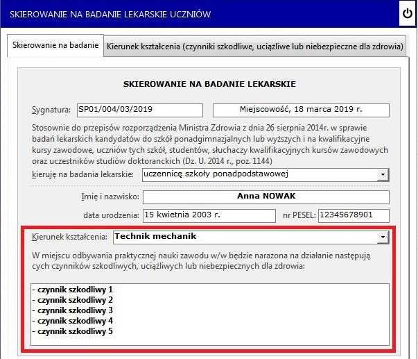 Przy sporządzaniu skierowania na badania lekarskie, po wyborze z listy kierunku kształcenia, program