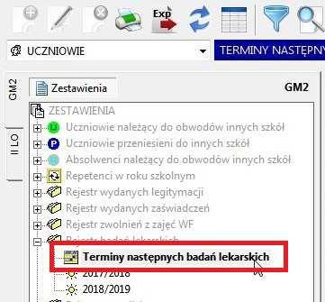 2) W Zestawieniach danych dotyczących uczniów, dodano nowe zestawienie: TERMINY NASTĘPNYCH BADAŃ LEKARSKICH Zestawienie służy do kontroli upływu terminów