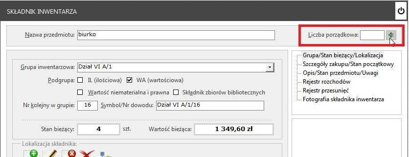 numer inwentarzowy (Symbol/Nr dowodu), związali ściśle z numerem liczby porządkowej występującym w księdze inwentarzowej.