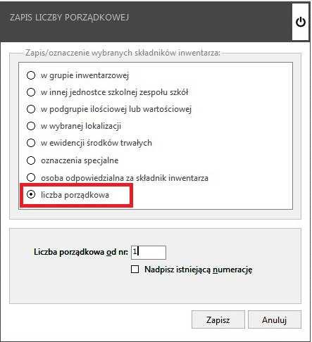 Jeżeli użytkownik zechce zapisać kolejne numery liczby porządkowej dla większej ilości składników inwentarza to: - należy najpierw je zaznaczyć; - następnie posortować według uznania; - wykorzystać