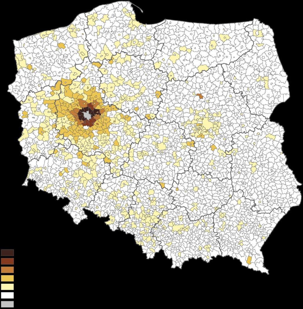 Mapa 4. Wyjeżdżający do pracy z Poznania według gmin a a Z uwzględnieniem podziału na część miejską i wiejską w gminach miejsko-wiejskich. Przyjeżdżający do Poznania W 2016 r.