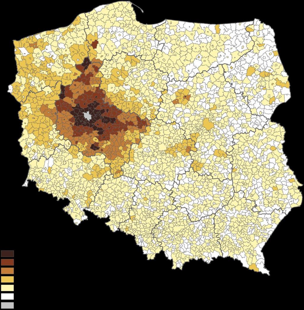 Mapa 5. Przyjeżdżający do pracy do Poznania według gmin a a Z uwzględnieniem podziału na część miejską i wiejską w gminach miejsko-wiejskich.