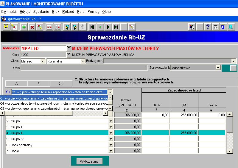 Zakładki A, B i C sprawozdania Rb-UZ wybieramy klikając myszką na wybraną zakładkę sprawozdania.