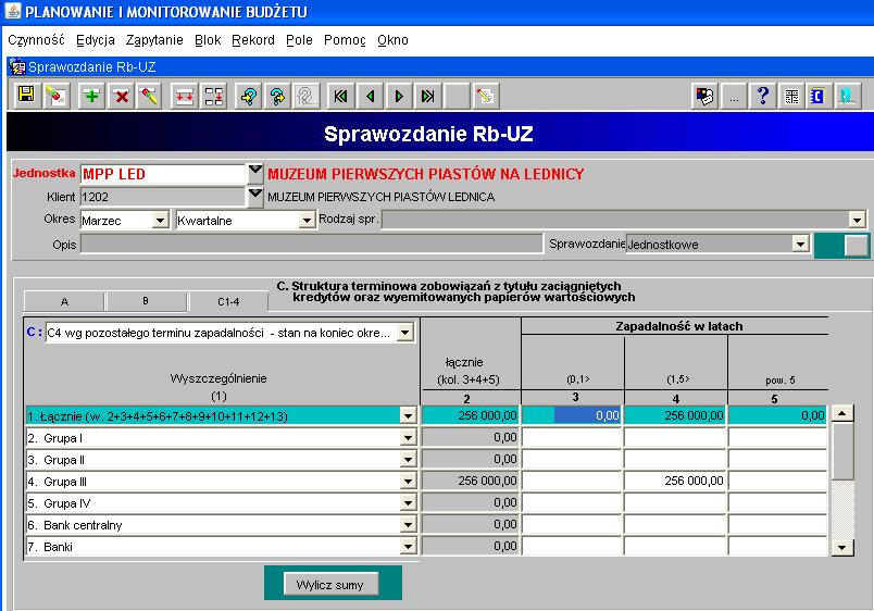 Obraz ekranu 16 Sprawozdanie Rb-UZ z wypełnioną częścią C4 3) Weryfikujemy prawidłowość wprowadzonych danych.