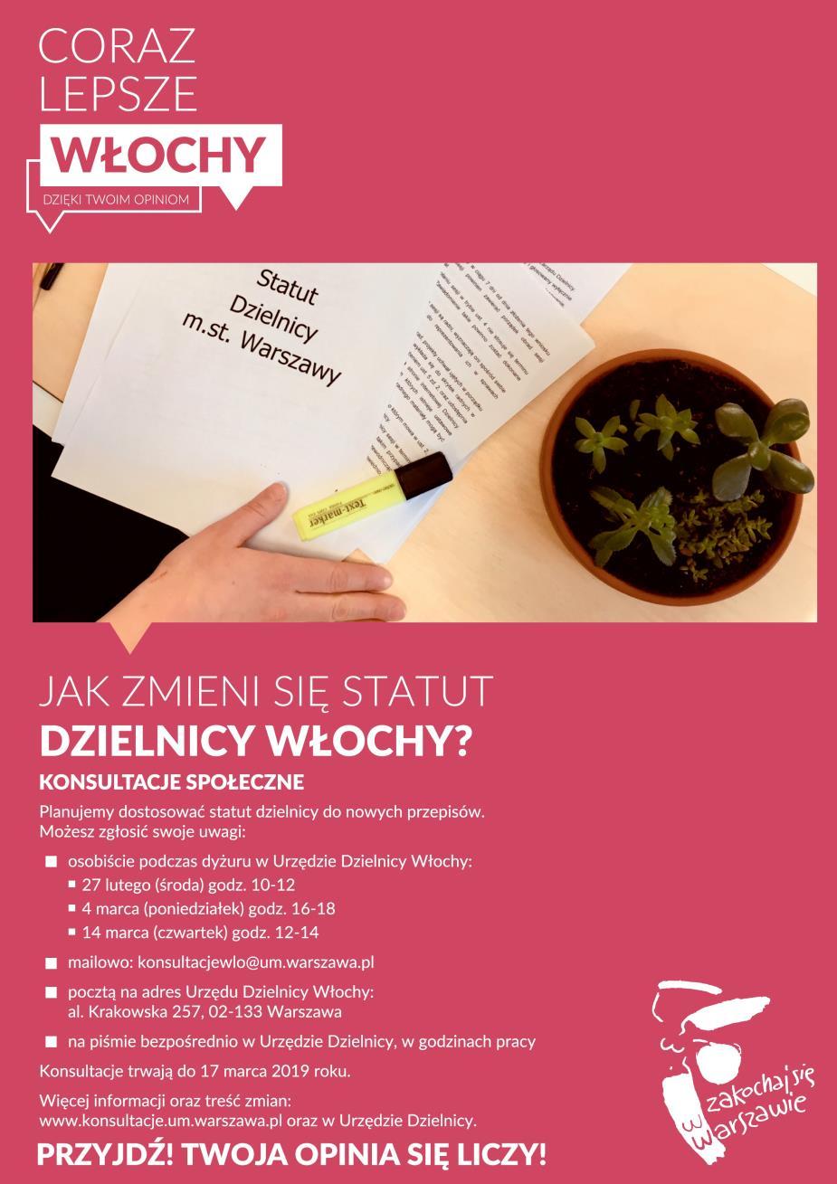 WNIO S K I K ons ultacje dotyczyły dostosowania obecnego S tatutu R ady Dzielnicy Włochy m.st. Warszawy do nowych zapisów zawartych w Ustawie z dnia 11 stycznia 2018 r.