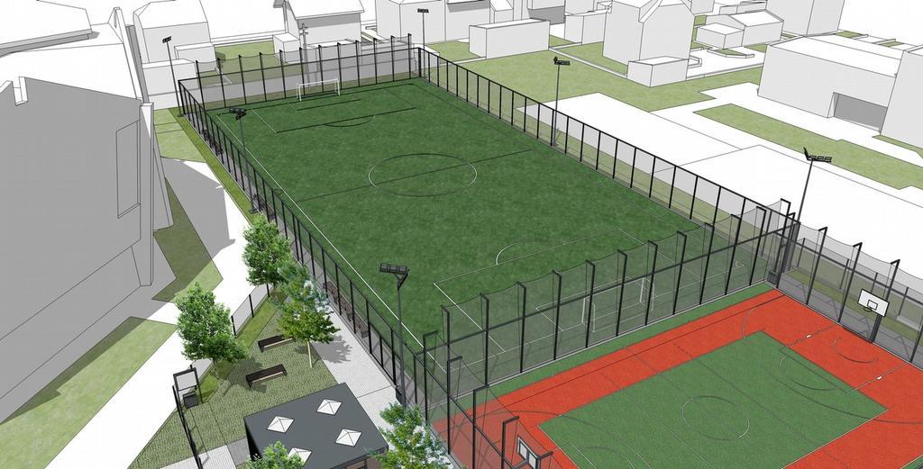Boisko do piłki nożnej Boisko o nawierzchni ze sztucznej trawy posiada wymiary 60,0 x 30,0 m.