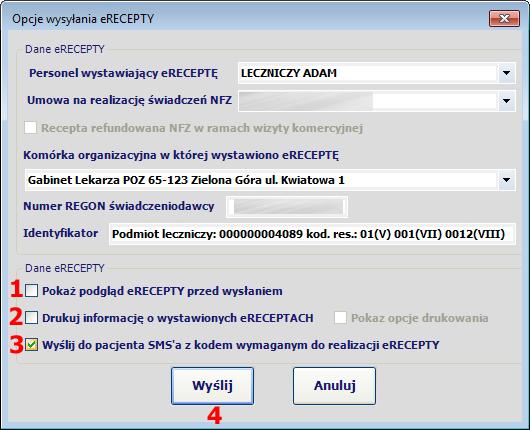 P1. Opcja Pokaż podgląd erecepty przed wysłaniem (1) pozwala ocenić metodą wzrokową poprawność każdej z wystawionych erecept przed jej wysłaniem za pomocą oficjalnej metody wizualizacji (transformaty