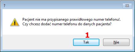 W przypadku zaznaczenia opcji Wyślij do pacjenta SMS'a z kodem wymaganym do realizacji erecepty (3) i braku numeru telefonu pacjenta w programie ezoz wyświetlana jest propozycja uzupełnienie numer