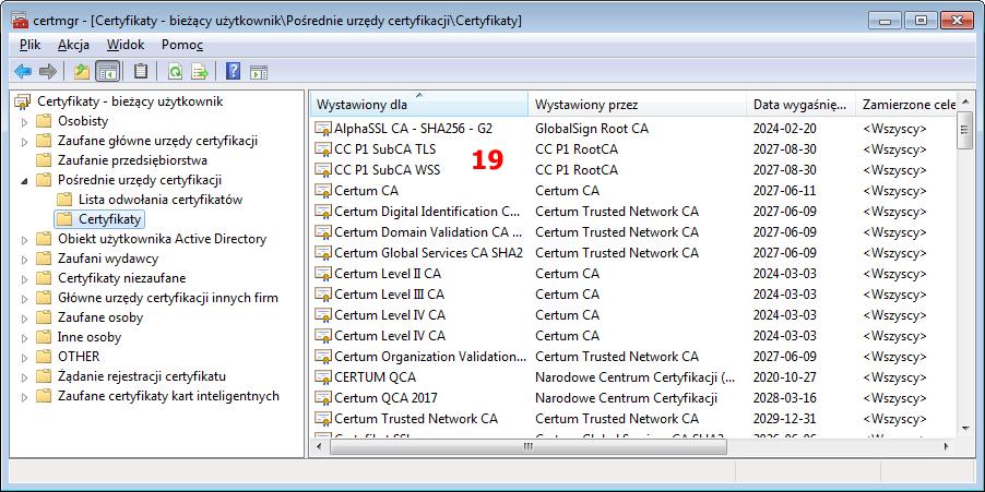 punkcie 12 wybrać plik CCP1SubCATLS.cacert.pem (dla certyfikatu TLS) oraz powtarzając powyższą procedurę plik CCP1SubCAWSS.cacert.pem (dla certyfikatu WSS).