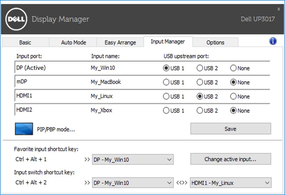 Praca z wieloma źródłami sygnału wideo Karta Input Manager (Menedżer wejść) zawiera wygodne narzędzia do przełączania kilku źródeł sygnału podłączonych do monitora Dell.
