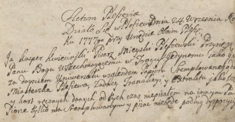 Fot. 22. Przysięga pisarza miejskiego Kaspra Kwiecińskiego złożona 24 września 1777 r.