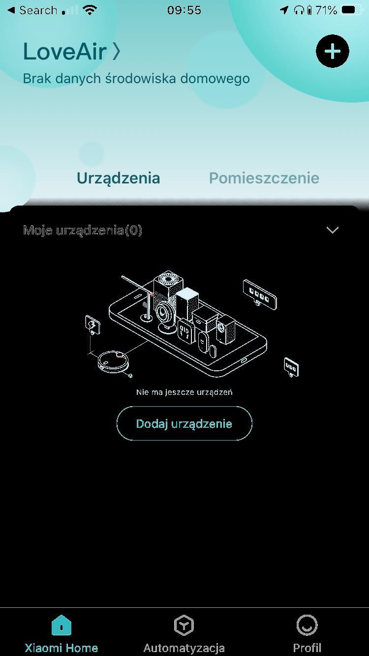 Konfiguracja połączenia: Po utworzeniu konta w aplikacji Mi Home, wyświetli się główny ekran z listą urządzeń przypisanych do tego konta.
