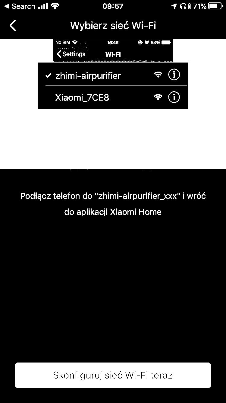 W kolejnym kroku zostaniesz poproszony o podłączenie telefonu do sieci utworzonej przez oczyszczacz powietrza.