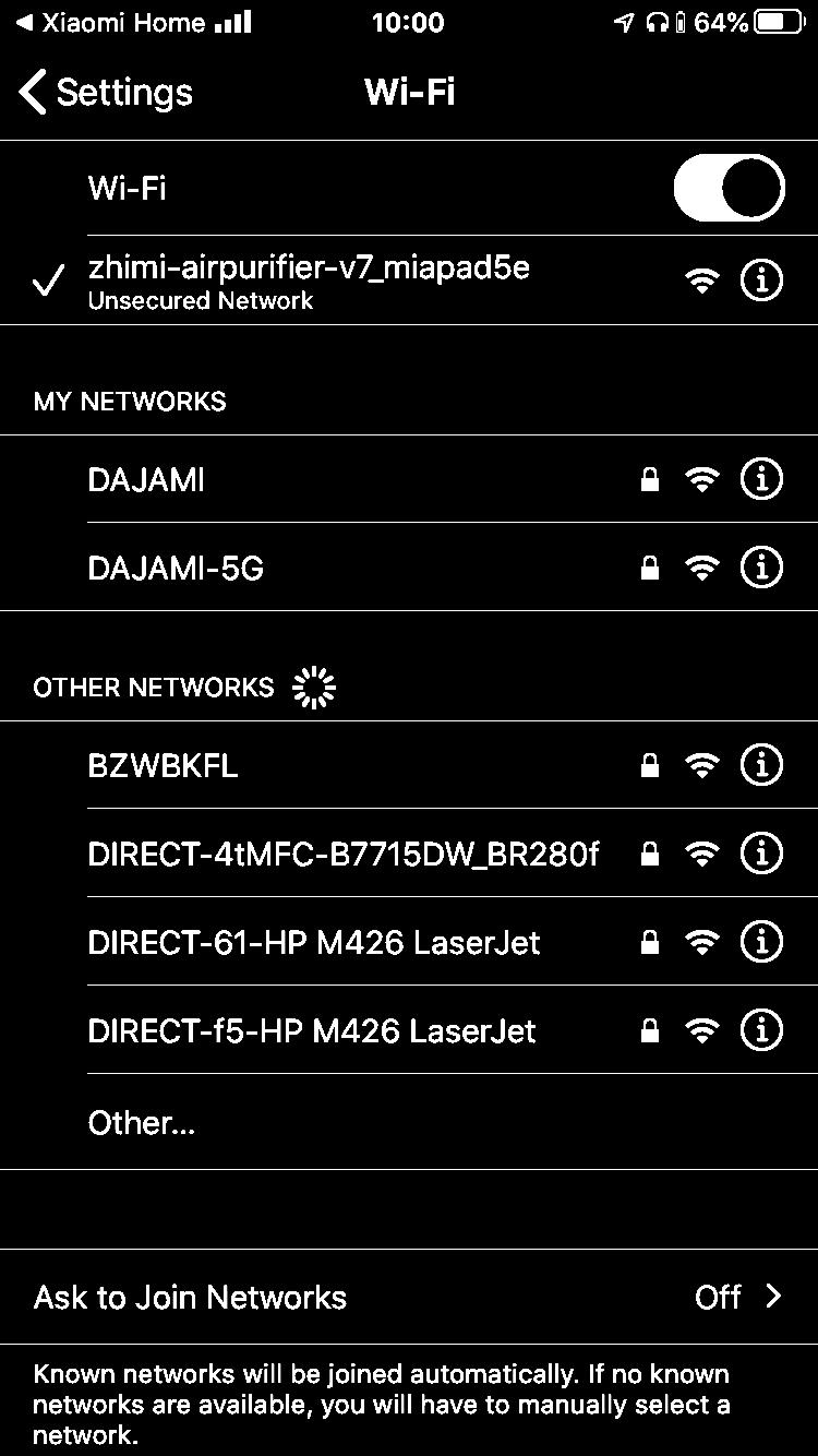 W ustawieniach sieci Wi-Fi wybieramy sieć zhimi-airpurifier-v7_miapad5e, następnie wracamy do aplikacji Mi Home.