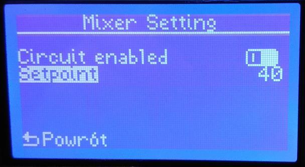 Następnie należy wybrać typ zaworu mieszającego na RAD. W tym celu należy wejść do: menu - > Ustawienia -> Serwis -> Circuit Settings (ustawienia obiegów). Ustawienie Min. Max.