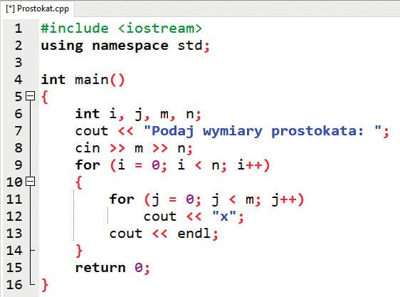C++ Python Ćwiczenie 6. Stosujemy zagnieżdżone instrukcje iteracyjne for 1. Napisz specyfikację zadania z przykładu 8. 2. Przepisz wybrany program z przykładu 8.