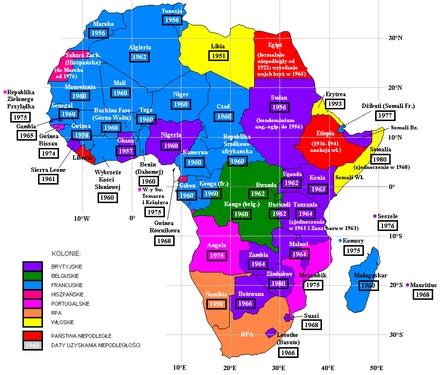Dekolonizacja Afryki Po zakończeniu II wojny światowej jedynie 4 kraje w Afryce były niepodległe. Na dekolonizację większość z państw regionu musiała poczekać do lat 60. XX wieku.