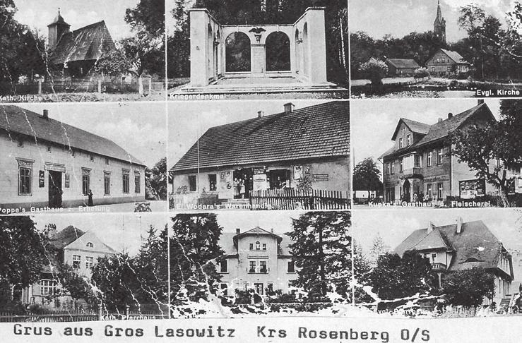 Stolice wiejskich gmin powiatu oleskiego 100 lat temu 19 Przedwojenna pocztówka z Groß Lassowitz, na której widać: drewniany