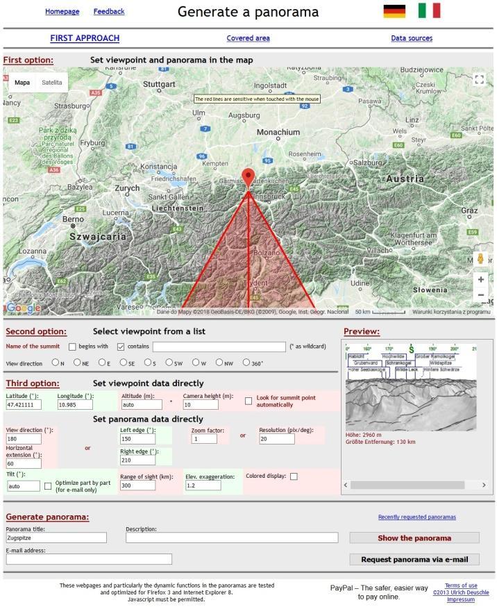 4.1. Opis strony Górną część strony zajmuje mapa służąca do zaznaczenia punktu, z którego ma być wykonana panorama. Obsługuje się ją jak zwykłą mapę Google.