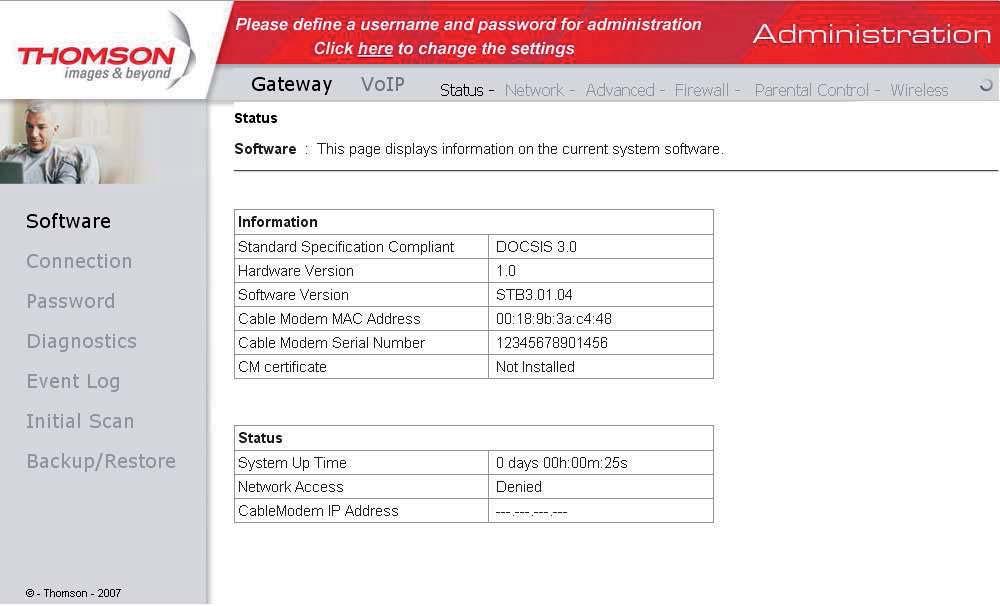 Gateway -> Status (Brama internetowa Ustawienia ogólne) Gateway -> Status -> Software (Oprogramowanie sterujące modemem WiFi) Na tej stronie znajdują się informacje o sprzęcie i oprogramowaniu modemu