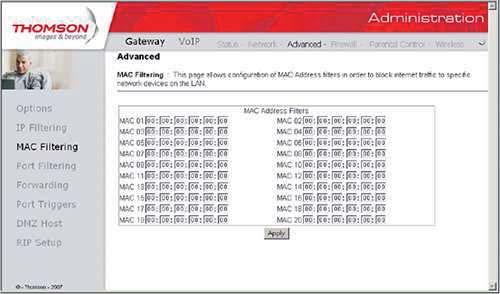 Gateway -> Advanced -> IP Filtering (Filtrowanie po adresach IP) Strona ta umożliwia zablokowanie dostępu do internetu określonym zakresom adresów IP, jednak komputery z zablokowanymi adresami IP