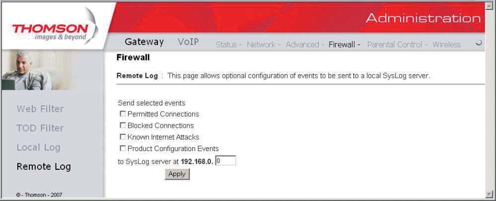 Gateway -> Firewall -> Remote Log (Logi zdalne) Strona umożliwia określenie adresu IP, pod którym znajduje się zdalny serwer logów systemowych, gdzie można