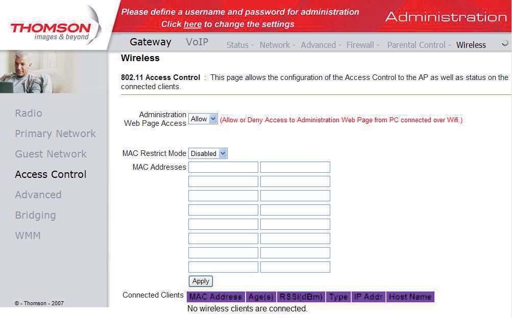 Gateway -> Wireless -> Access Control (Kontrola dostępu) Strona ta umożliwia ustanowienie kontroli połączeń bezprzewodowych do modemu WiFi po adresach fizycznych kart sieciowych (MAC Addresses).