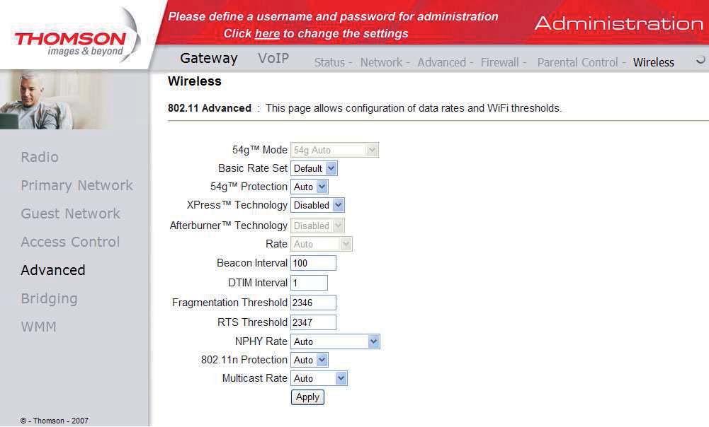 Gateway -> Wireless -> Advanced (Ustawienia zaawansowane) Dla zaawansowanych użytkowników istnieje możliwość zmiany dodatkowych ustawień sieci bezprzewodowej.