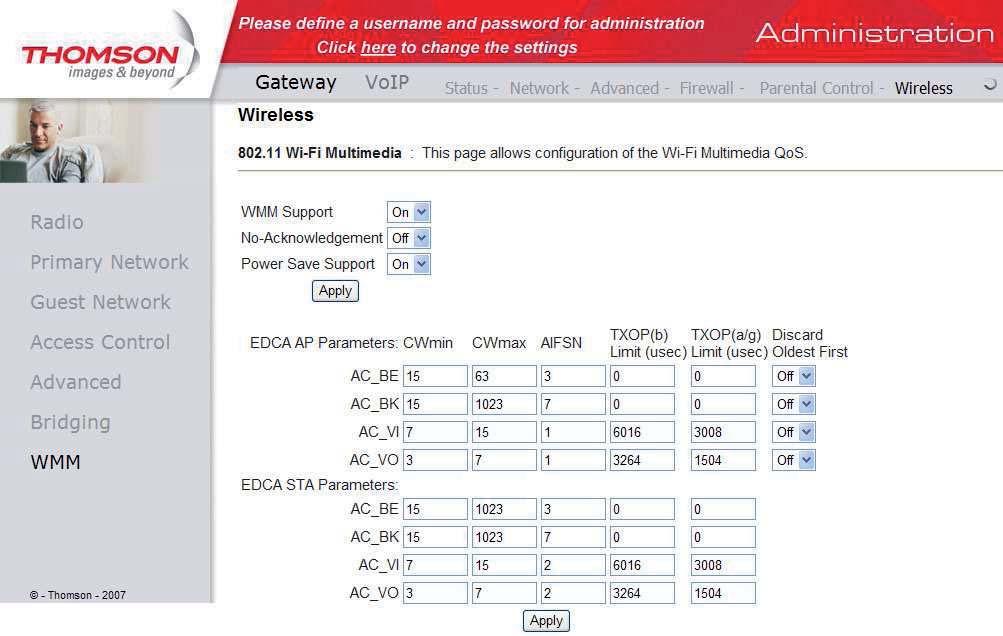 Gateway -> Wireless -> WMM (Ustawienia QoS) WiFi Multimedia (WMM) jest częścią standardu bezprzewodowego LAN IEEE 802.11e dla usługi QoS (Quality of Service).