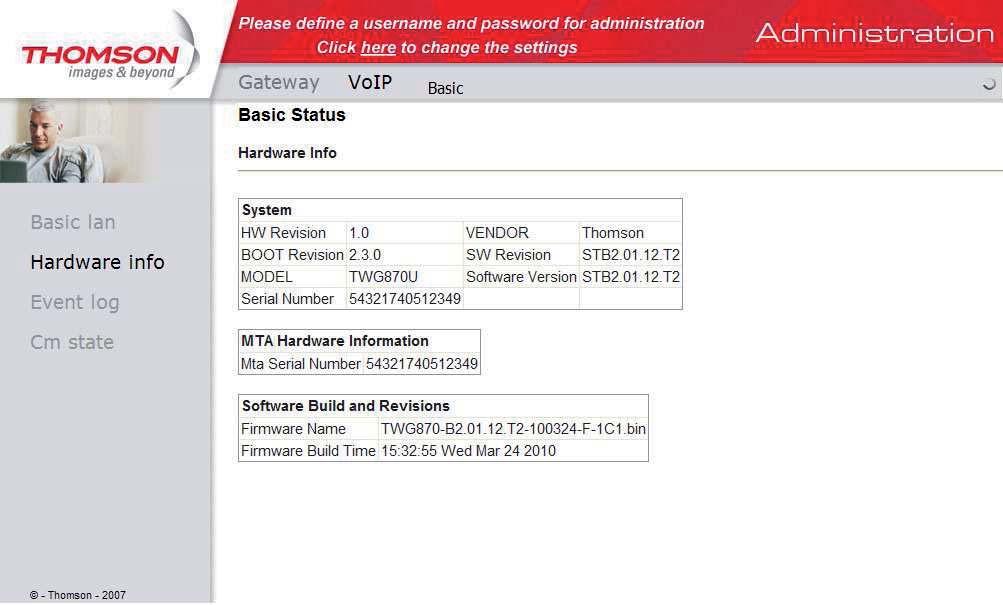 VOIP -> Basic Status -> Hardware info (Informacje o