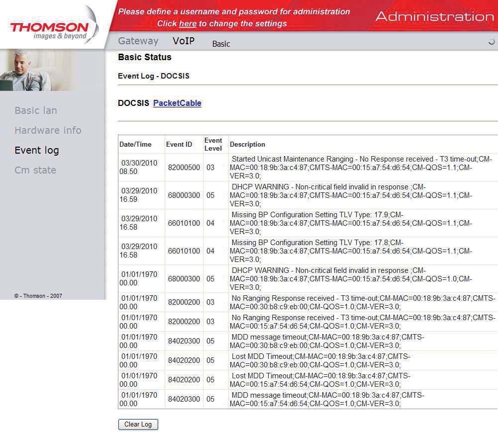 VOIP -> Basic Status -> Event log (Logi