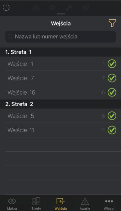 19 INTEGRA CONTROL (ios) SATEL Rys. 16. Aplikacja INTEGRA CONTROL. Ekran Wejścia. Pole wyszukiwania wejścia. 8.5.