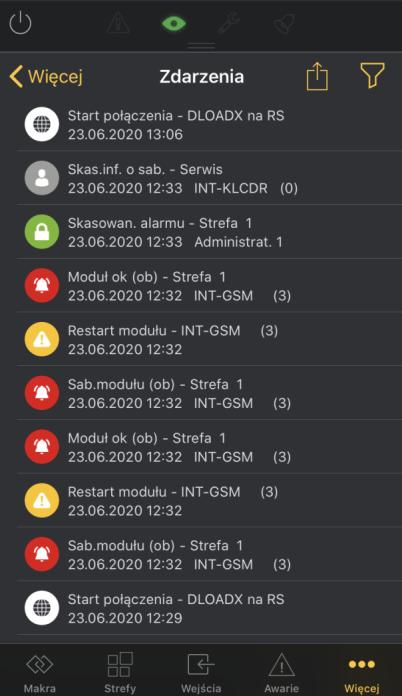 25 INTEGRA CONTROL (ios) SATEL Rys. 23. Aplikacja INTEGRA CONTROL. Ekran Zdarzenia. 8.10.